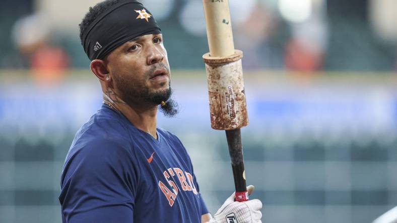 Aug 22, 2023; Houston, Texas, USA; Houston Astros first baseman Jose Abreu looks on before the game against the Boston Red Sox at Minute Maid Park. Mandatory Credit: Troy Taormina-USA TODAY Sports