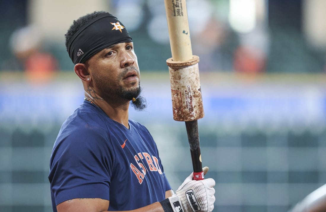 Aug 22, 2023; Houston, Texas, USA; Houston Astros first baseman Jose Abreu looks on before the game against the Boston Red Sox at Minute Maid Park. Mandatory Credit: Troy Taormina-USA TODAY Sports