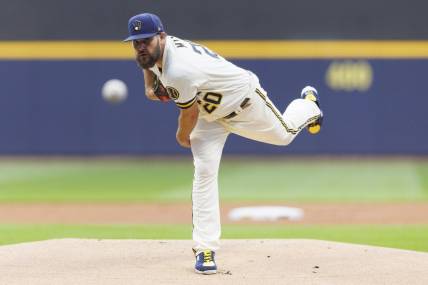 Aug 22, 2023; Milwaukee, Wisconsin, USA;  Milwaukee Brewers pitcher Wade Miley (20) throws a pitch during the first inning against the Minnesota Twins at American Family Field. Mandatory Credit: Jeff Hanisch-USA TODAY Sports