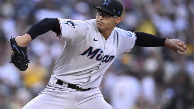 Aug 22, 2023; San Diego, California, USA; Miami Marlins starting pitcher Jesus Luzardo (44) throws a pitch against the San Diego Padres during the first inning at Petco Park. Mandatory Credit: Orlando Ramirez-USA TODAY Sports