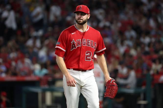 Aug 22, 2023; Anaheim, California, USA; Los Angeles Angels starting pitcher Lucas Giolito (24) reacts after pitching the fifth inning against the Cincinnati Reds at Angel Stadium. Mandatory Credit: Kiyoshi Mio-USA TODAY Sports