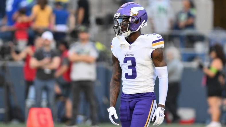 Aug 10, 2023; Seattle, Washington, USA; Minnesota Vikings wide receiver Jordan Addison (3) during warmups prior to the game at Lumen Field. Mandatory Credit: Steven Bisig-USA TODAY Sports