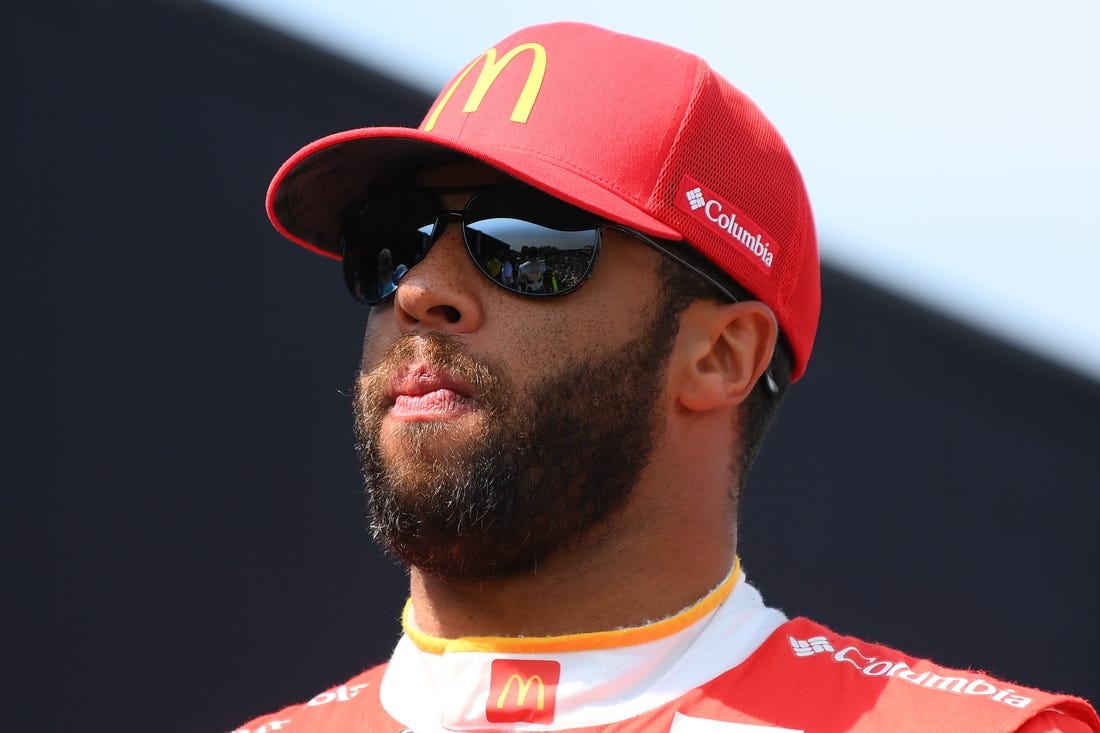 Aug 20, 2023; Watkins Glen, New York, USA; NASCAR Cup Series driver Bubba Wallace (23) prior to the Go Bowling at The Glen at Watkins Glen International. Mandatory Credit: Rich Barnes-USA TODAY Sports