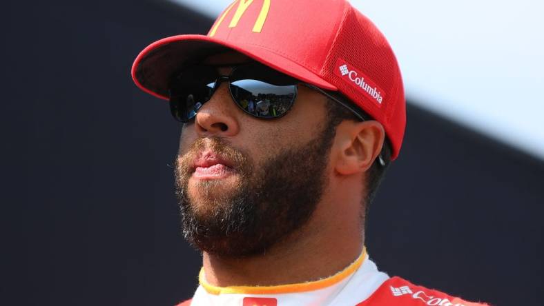 Aug 20, 2023; Watkins Glen, New York, USA; NASCAR Cup Series driver Bubba Wallace (23) prior to the Go Bowling at The Glen at Watkins Glen International. Mandatory Credit: Rich Barnes-USA TODAY Sports