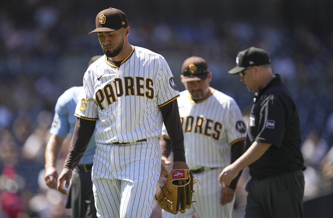 Aug 23, 2023; San Diego, California, USA;  San Diego Padres relief pitcher Robert Suarez (75) is ejected before throwing a pitch against the Miami Marlins during the seventh inning at Petco Park. Mandatory Credit: Ray Acevedo-USA TODAY Sports