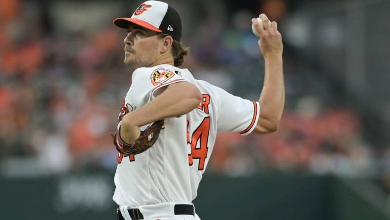 Aug 23, 2023; Baltimore, Maryland, USA;  Baltimore Orioles starting pitcher Dean Kremer (64) delivers a first inning pitch against the Toronto Blue Jays at Oriole Park at Camden Yards. Mandatory Credit: Tommy Gilligan-USA TODAY Sports