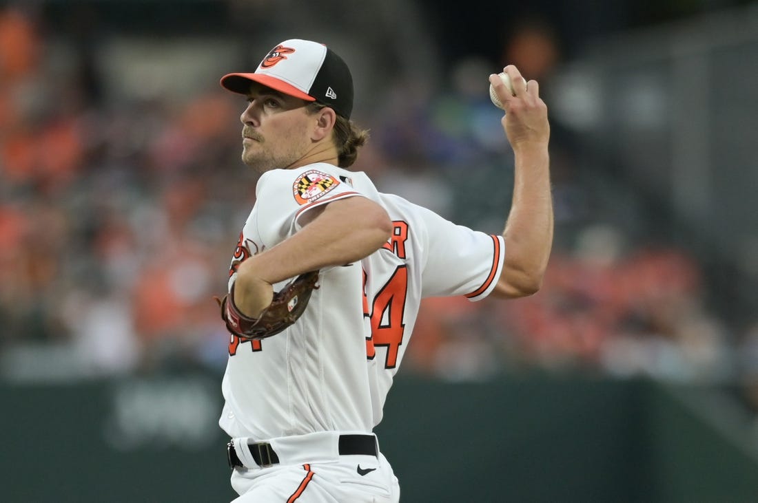 Aug 23, 2023; Baltimore, Maryland, USA;  Baltimore Orioles starting pitcher Dean Kremer (64) delivers a first inning pitch against the Toronto Blue Jays at Oriole Park at Camden Yards. Mandatory Credit: Tommy Gilligan-USA TODAY Sports