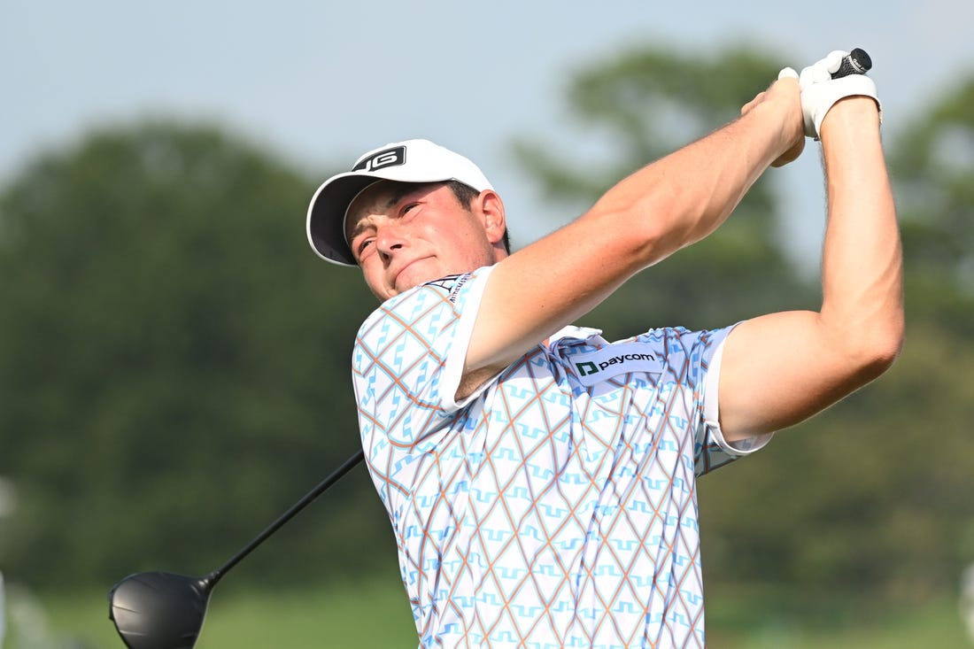 Aug 24, 2023; Atlanta, Georgia, USA; Viktor Hovland tees off on the 16th hole during the first round of the TOUR Championship golf tournament at East Lake Golf Club. Mandatory Credit: Adam Hagy-USA TODAY Sports