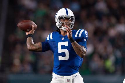 Aug 24, 2023; Philadelphia, Pennsylvania, USA; Indianapolis Colts quarterback Anthony Richardson (5) passes the ball against the Philadelphia Eagles during the second quarter at Lincoln Financial Field. Mandatory Credit: Bill Streicher-USA TODAY Sports
