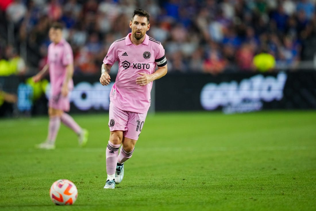 Aug 23, 2023; Cincinnati, OH, USA; Inter Miami CF forward Lionel Messi (10) runs on the field against FC Cincinnati at TQL Stadium. Mandatory Credit: Aaron Doster-USA TODAY Sports