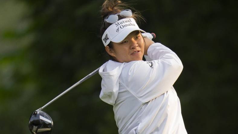 Aug 25, 2023; Vancouver, British Columbia, CAN; Megan Khang tees off on the fourth hole during the second round of the CPKC Women's Open golf tournament at Shaughnessy Golf & Country Club. Mandatory Credit: Bob Frid-USA TODAY Sports