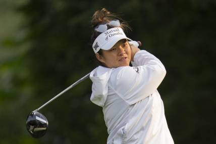 Aug 25, 2023; Vancouver, British Columbia, CAN; Megan Khang tees off on the fourth hole during the second round of the CPKC Women's Open golf tournament at Shaughnessy Golf & Country Club. Mandatory Credit: Bob Frid-USA TODAY Sports