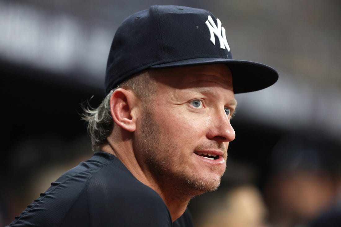 Aug 25, 2023; St. Petersburg, Florida, USA; New York Yankees infielder Josh Donaldson (28) looks on against the Tampa Bay Rays at Tropicana Field. Mandatory Credit: Kim Klement Neitzel-USA TODAY Sports