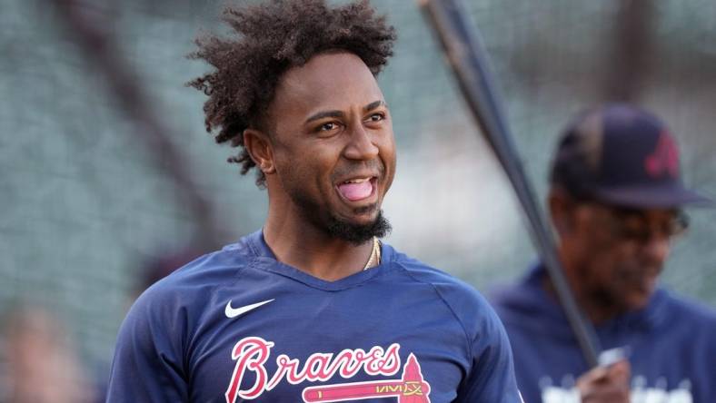 Aug 25, 2023; San Francisco, California, USA; Atlanta Braves second baseman Ozzie Albies (1) stands on the field before the game against the San Francisco Giants at Oracle Park. Mandatory Credit: Darren Yamashita-USA TODAY Sports