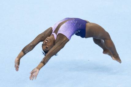 August 25, 2023; San Jose, California, USA; Simone Biles performs on the floor exercise during the 2023 U.S. Gymnastics Championships at SAP Center. Mandatory Credit: Kyle Terada-USA TODAY Sports