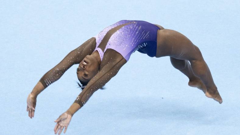 August 25, 2023; San Jose, California, USA; Simone Biles performs on the floor exercise during the 2023 U.S. Gymnastics Championships at SAP Center. Mandatory Credit: Kyle Terada-USA TODAY Sports