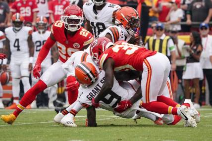 Aug 26, 2023; Kansas City, Missouri, USA; Cleveland Browns wide receiver Jakeem Grant Sr. (9) suffers an apparent injury on a kickoff return against the Kansas City Chiefs at GEHA Field at Arrowhead Stadium. Mandatory Credit: Denny Medley-USA TODAY Sports