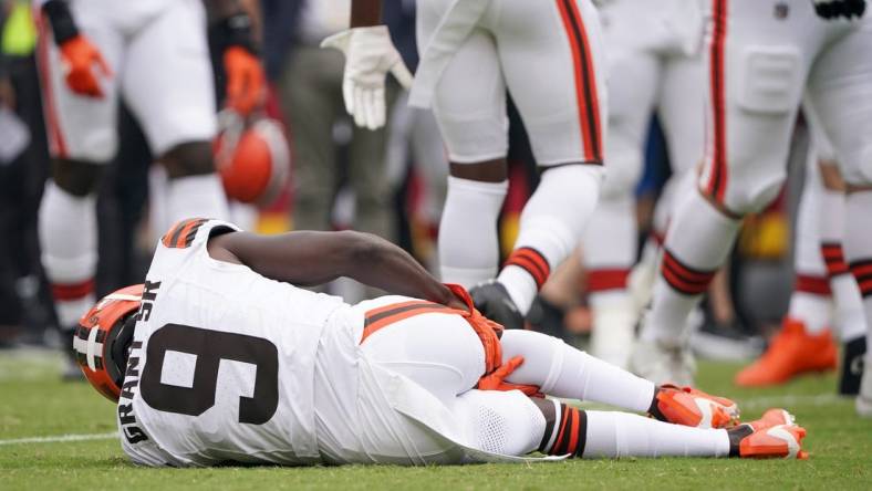 Aug 26, 2023; Kansas City, Missouri, USA; Cleveland Browns wide receiver Jakeem Grant Sr. (9) reacts after suffering an apparent injury on a kickoff return against the Kansas City Chiefs at GEHA Field at Arrowhead Stadium. Mandatory Credit: Denny Medley-USA TODAY Sports