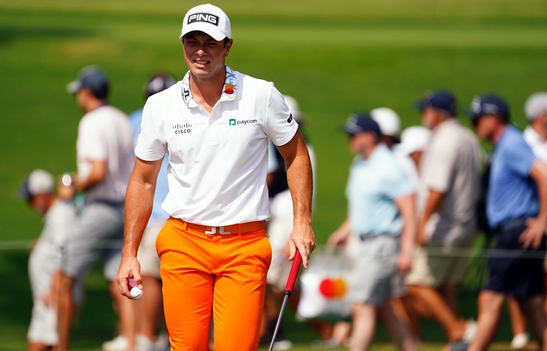 Aug 26, 2023; Atlanta, Georgia, USA; Viktor Hovland after putt out on the fifth green during the third round of the TOUR Championship golf tournament at East Lake Golf Club. Mandatory Credit: John David Mercer-USA TODAY Sports