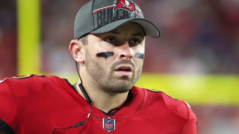 Aug 26, 2023; Tampa, Florida, USA; Tampa Bay Buccaneers quarterback Baker Mayfield (6) looks on against the Baltimore Ravens during the second quarter at Raymond James Stadium. Mandatory Credit: Kim Klement Neitzel-USA TODAY Sports