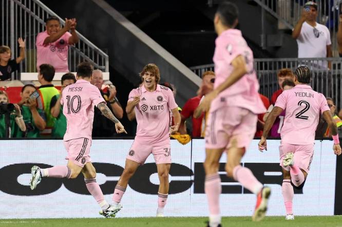 Aug 26, 2023; Harrison, New Jersey, USA; Inter Miami CF forward Lionel Messi (10) celebrates after scoring a goal against the New York Red Bulls with midfielder Benjamin Cremaschi (30) during the second half at Red Bull Arena. Mandatory Credit: Vincent Carchietta-USA TODAY Sports
