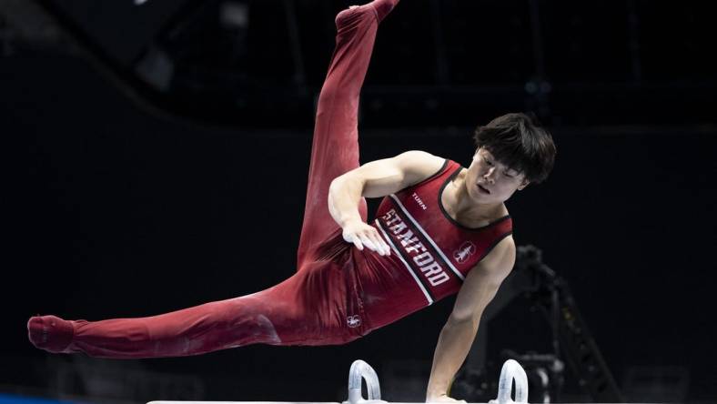 August 26, 2023; San Jose, California, USA; Asher Hong performs on the pommel horse during the 2023 U.S. Gymnastics Championships at SAP Center. Mandatory Credit: Kyle Terada-USA TODAY