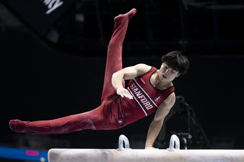 August 26, 2023; San Jose, California, USA; Asher Hong performs on the pommel horse during the 2023 U.S. Gymnastics Championships at SAP Center. Mandatory Credit: Kyle Terada-USA TODAY