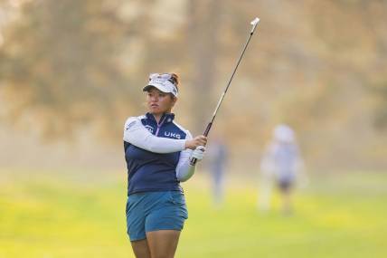 Aug 26, 2023; Vancouver, British Columbia, CAN; Megan Khang hits on the eighteenth hole during the third round of the CPKC Women's Open golf tournament at Shaughnessy Golf & Country Club. Mandatory Credit: Bob Frid-USA TODAY Sports