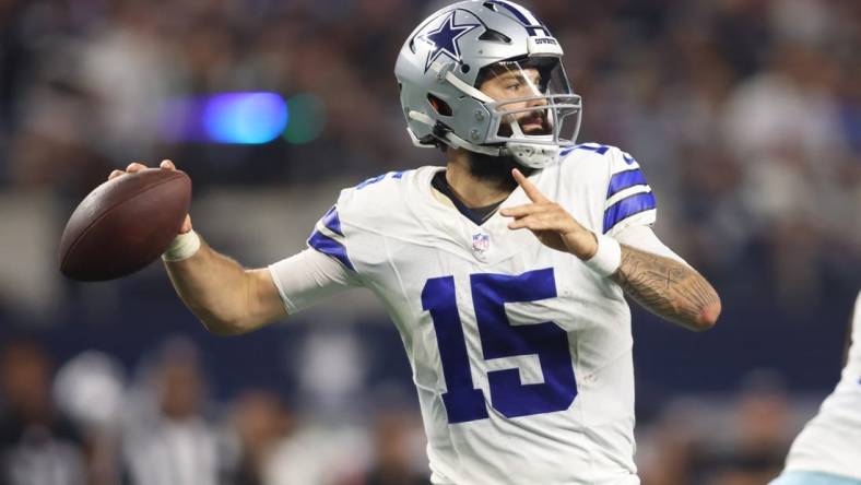 Aug 26, 2023; Arlington, Texas, USA; Dallas Cowboys quarterback Will Grier (15) throws a pass in the fourth quarter against the Las Vegas Raiders at AT&T Stadium. Mandatory Credit: Tim Heitman-USA TODAY Sports