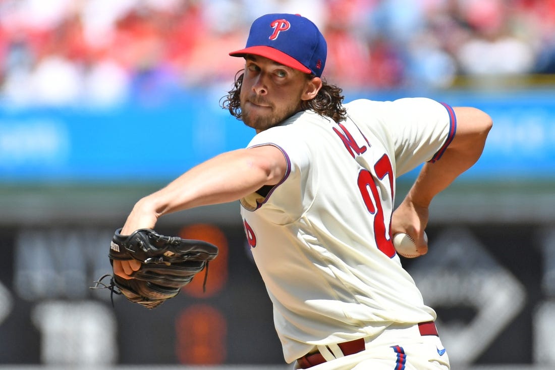 Aug 27, 2023; Philadelphia, Pennsylvania, USA; Philadelphia Phillies starting pitcher Aaron Nola (27) throws a pitch against the St. Louis Cardinals during the first inning at Citizens Bank Park. Mandatory Credit: Eric Hartline-USA TODAY Sports