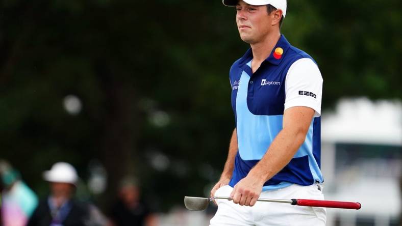 Aug 27, 2023; Atlanta, Georgia, USA; Viktor Hovland walks up to the first green during the final round of the TOUR Championship golf tournament at East Lake Golf Club. Mandatory Credit: John David Mercer-USA TODAY Sports