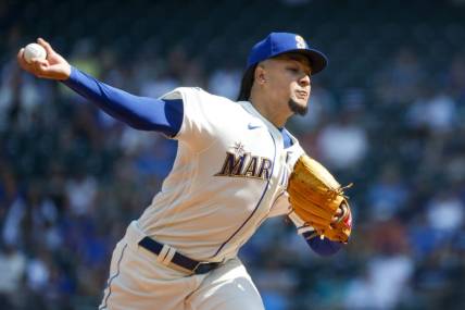 Aug 27, 2023; Seattle, Washington, USA; Seattle Mariners starting pitcher Luis Castillo (58) throws against the Kansas City Royals during the first inning at T-Mobile Park. Mandatory Credit: Joe Nicholson-USA TODAY Sports