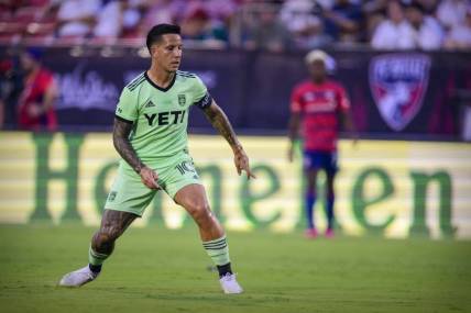 Aug 26, 2023; Frisco, Texas, USA; Austin FC forward Sebastian Driussi (10) in action during the game between FC Dallas and Austin FC at Toyota Stadium. Mandatory Credit: Jerome Miron-USA TODAY Sports