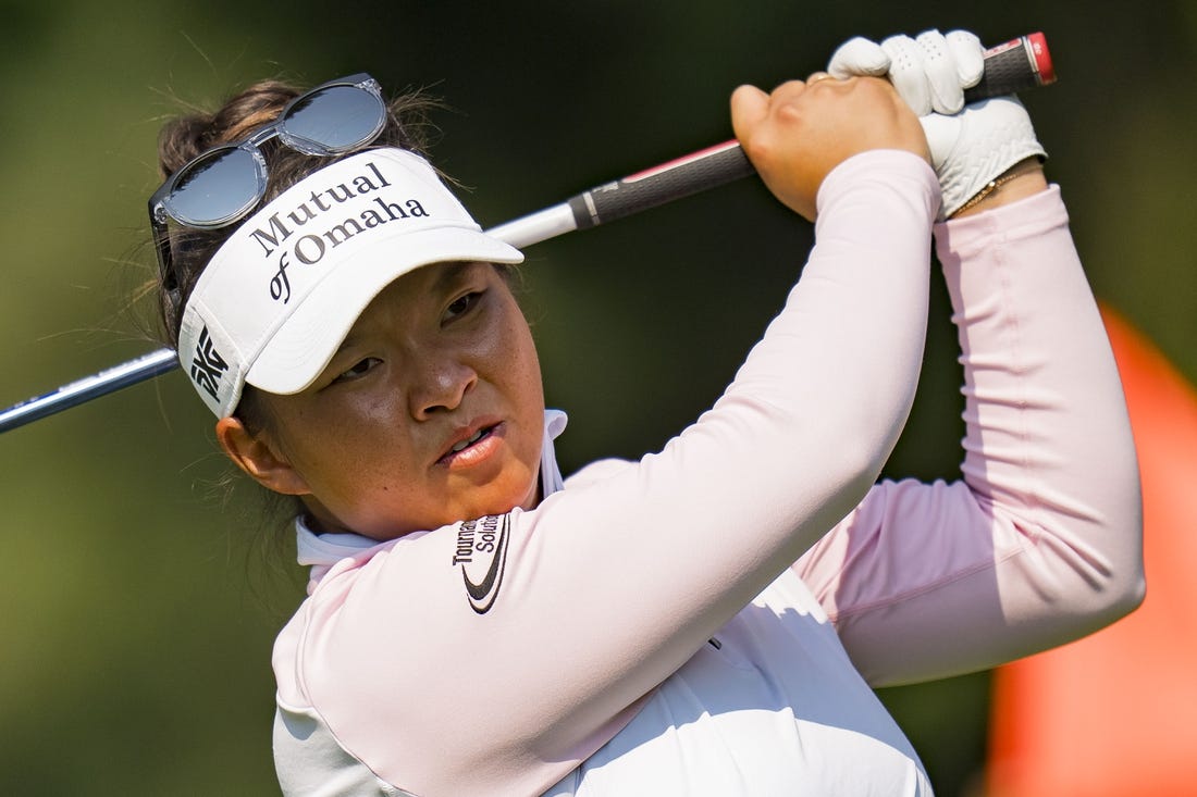 Aug 27, 2023; Vancouver, British Columbia, CAN; Megan Khang tees off on the fourth hole during the final round of the CPKC Women's Open golf tournament at Shaughnessy Golf & Country Club. Mandatory Credit: Bob Frid-USA TODAY Sports