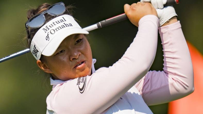 Aug 27, 2023; Vancouver, British Columbia, CAN; Megan Khang tees off on the fourth hole during the final round of the CPKC Women's Open golf tournament at Shaughnessy Golf & Country Club. Mandatory Credit: Bob Frid-USA TODAY Sports