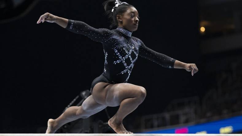 August 27, 2023; San Jose, California, USA; Simone Biles performs on the balance beam during the 2023 U.S. Gymnastics Championships at SAP Center. Mandatory Credit: Kyle Terada-USA TODAY