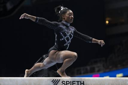 August 27, 2023; San Jose, California, USA; Simone Biles performs on the balance beam during the 2023 U.S. Gymnastics Championships at SAP Center. Mandatory Credit: Kyle Terada-USA TODAY