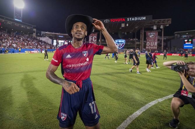 Aug 26, 2023; Frisco, Texas, USA; FC Dallas defender Nkosi Tafari (17) celebrates with the cowboy hat for being named man of the match in the victory over Austin FC at Toyota Stadium. Mandatory Credit: Jerome Miron-USA TODAY Sports