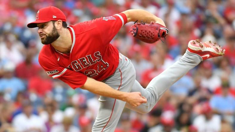 Aug 28, 2023; Philadelphia, Pennsylvania, USA; Los Angeles Angels starting pitcher Lucas Giolito (24) throws a pitch during the first inning against the Philadelphia Phillies at Citizens Bank Park. Mandatory Credit: Eric Hartline-USA TODAY Sports