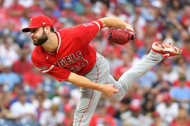 Aug 28, 2023; Philadelphia, Pennsylvania, USA; Los Angeles Angels starting pitcher Lucas Giolito (24) throws a pitch during the first inning against the Philadelphia Phillies at Citizens Bank Park. Mandatory Credit: Eric Hartline-USA TODAY Sports