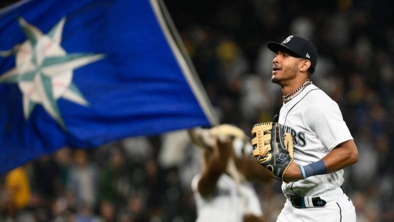 Aug 28, 2023; Seattle, Washington, USA; Seattle Mariners center fielder Julio Rodriguez (44) jogs off the field after the Mariners defeated the Oakland Athletics at T-Mobile Park. Mandatory Credit: Steven Bisig-USA TODAY Sports