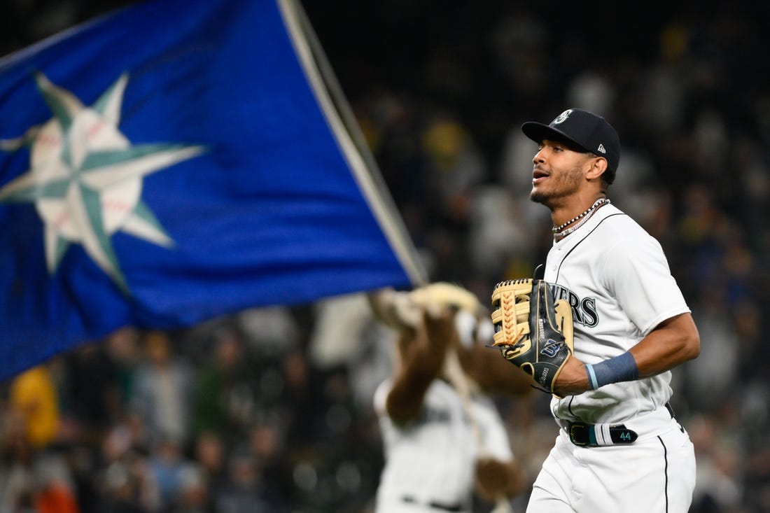 Aug 28, 2023; Seattle, Washington, USA; Seattle Mariners center fielder Julio Rodriguez (44) jogs off the field after the Mariners defeated the Oakland Athletics at T-Mobile Park. Mandatory Credit: Steven Bisig-USA TODAY Sports