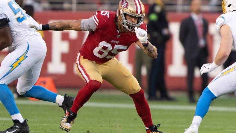 Aug 25, 2023; Santa Clara, California, USA;  San Francisco 49ers tight end George Kittle (85) runs during the first quarter against the Los Angeles Chargers at Levi's Stadium. Mandatory Credit: Stan Szeto-USA TODAY Sports