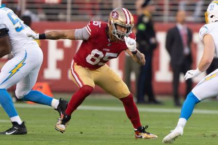Aug 25, 2023; Santa Clara, California, USA;  San Francisco 49ers tight end George Kittle (85) runs during the first quarter against the Los Angeles Chargers at Levi's Stadium. Mandatory Credit: Stan Szeto-USA TODAY Sports