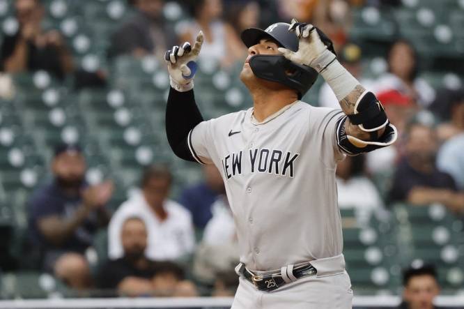 Aug 29, 2023; Detroit, Michigan, USA; New York Yankees second baseman Gleyber Torres (25) celebrates after hitting a home run in the first inning against the Detroit Tigers at Comerica Park. Mandatory Credit: Rick Osentoski-USA TODAY Sports
