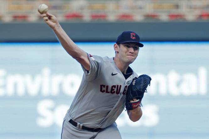 Aug 29, 2023; Minneapolis, Minnesota, USA; Cleveland Guardians starting pitcher Gavin Williams (63) pitches in the first inning against the Minnesota Twins at Target Field. Mandatory Credit: Bruce Kluckhohn-USA TODAY Sports