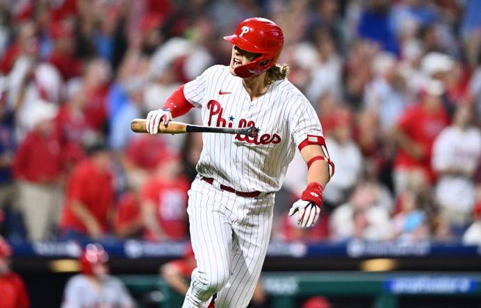Aug 29, 2023; Philadelphia, Pennsylvania, USA; Philadelphia Phillies infielder Alec Bohm (28) reacts after hitting a three-run home run against the Los Angeles Angels in the sixth inning at Citizens Bank Park. Mandatory Credit: Kyle Ross-USA TODAY Sports
