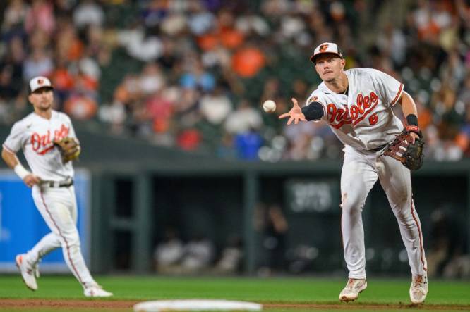 Aug 29, 2023; Baltimore, Maryland, USA; Baltimore Orioles first baseman Ryan Mountcastle (6) tosses the ball to Baltimore Orioles starting pitcher Dean Kremer (not shown) against the Chicago White Sox during the fifth inning at Oriole Park at Camden Yards. Mandatory Credit: Reggie Hildred-USA TODAY Sports