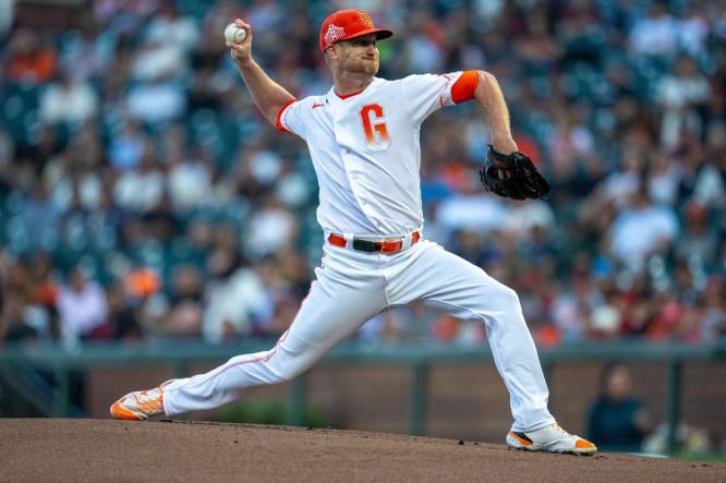 Aug 29, 2023; San Francisco, California, USA;  San Francisco Giants starting pitcher Alex Cobb (38) delivers a pitch against the Cincinnati Reds during the first inning at Oracle Park. Mandatory Credit: Neville E. Guard-USA TODAY Sports