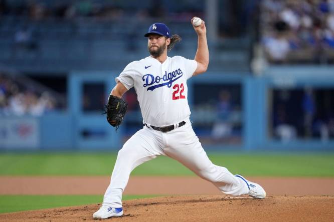 Aug 29, 2023; Los Angeles, California, USA; Los Angeles Dodgers starting pitcher Clayton Kershaw (22) pitches in the first inning against the Arizona Diamondbacks at Dodger Stadium. Mandatory Credit: Kirby Lee-USA TODAY Sports